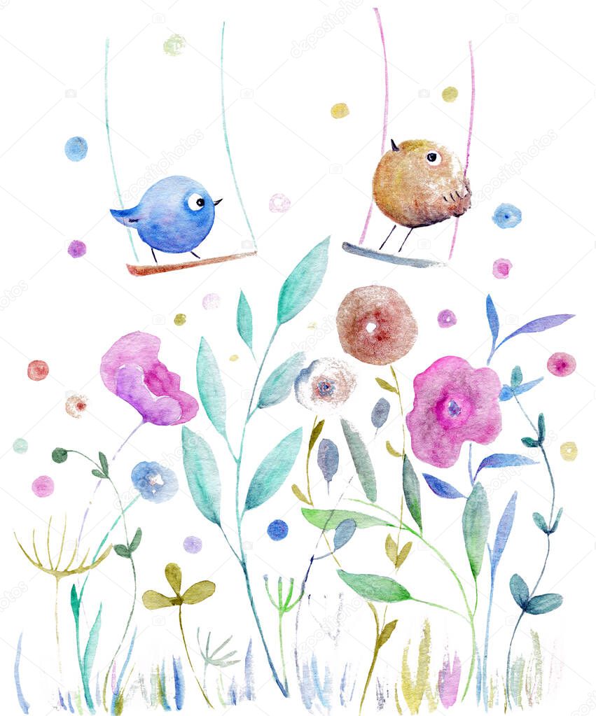 Two birds in the garden watercolor illustration, romantic painting in pale colors with cute bird characters