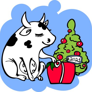 Şirin inek paketleme Noel hediyeleri, yeni yıl 2021 sembolü inek, tebrik kartları ve illüstrasyonlar için vektör tasarım elementi.