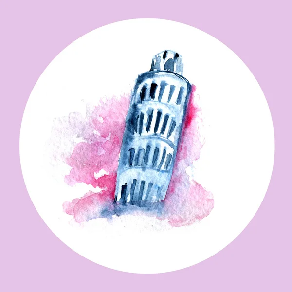Pisa Kulesi 'nin suluboya minyatürü, İtalyan kültürünün ünlü mimari mirasının çizimi, turistik baskılar için tasarım unsuru.