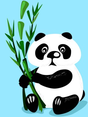Şirin pandanın düz vektör çizimi. Oturup bambu bitkisiyle panda yemek.