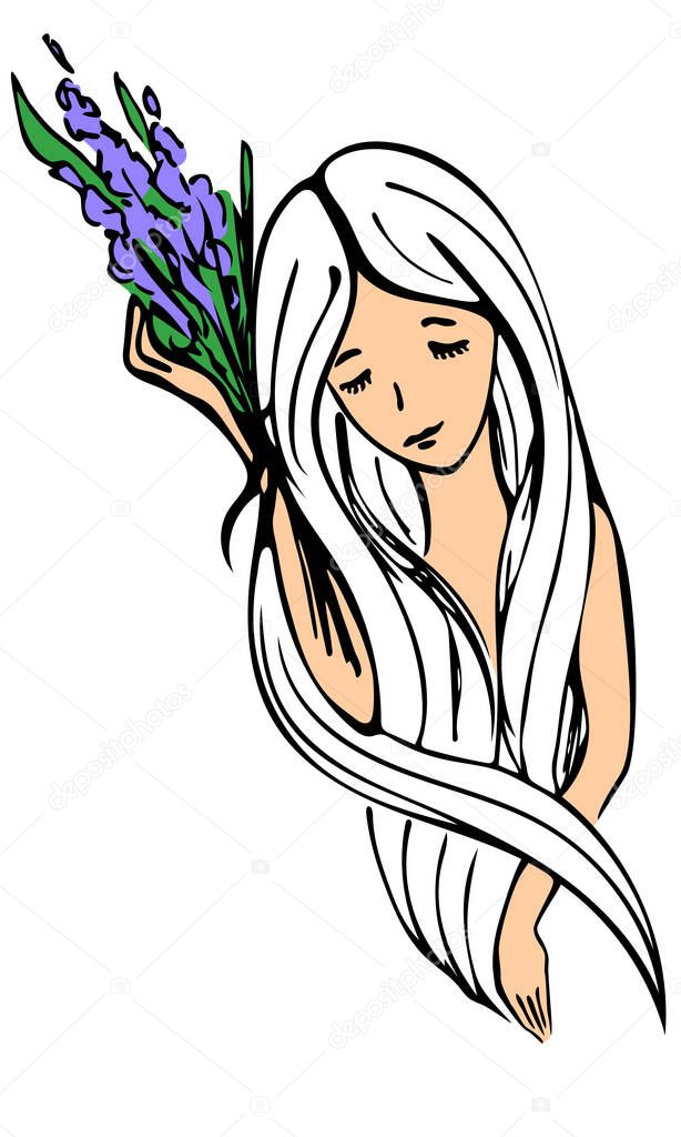Girl holding purple flowers illustration. Vector image as isolated emblem of wellness products. Connection with nature and girl power theme