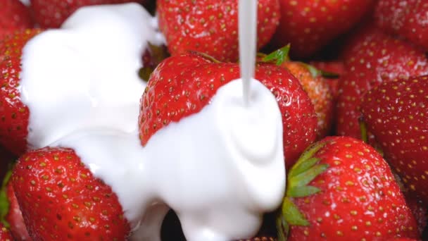 Yogurt Falling Fresh Strawberries Healthy Breakfast Concept — Stock Video