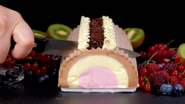 Cutting Chocolate Vanilla Strawberry Ice Cream Roll Berries Fruits Closeup — Stock Video