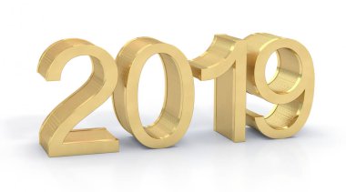 3D altın Metal 2019 beyaz arka plan üzerinde. Üç boyutlu görüntü oluşturma.