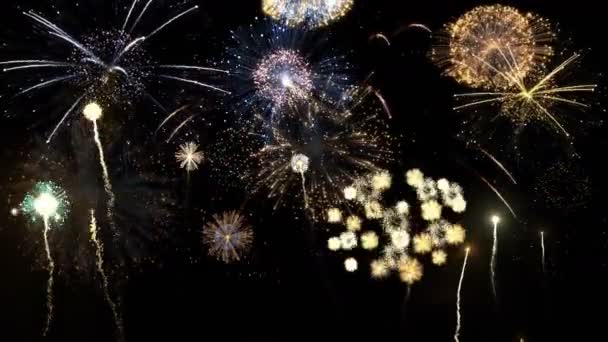 新年と黒の背景の他のイベントのお祝いのための明るくカラフルな花火 — ストック動画