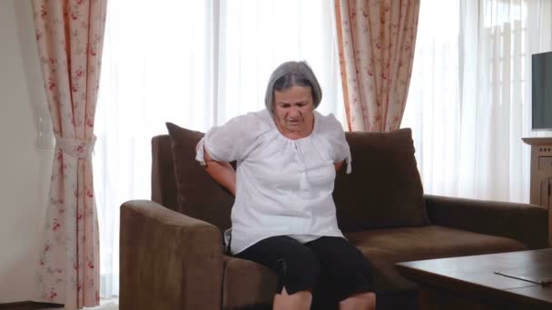 Pan Mature Woman Suffering Backache Home Massaging Lower Back Hands — Stock Video