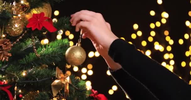 Girl Hanging Decorative Ball Christmas Tree Branch Dolly Shot — Stock Video