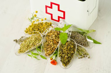 Bitkisel ilaç. İnfüzyon için kuru otlar. İlk yardım kutusu arka planda.