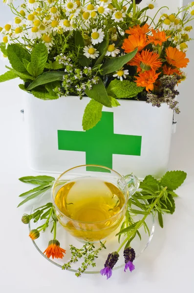 Alternatif Tıp. Biberiye, nane, papatya, kekik, melissa, lavanta ve ilk yardım kutusunda calendula. Cam bardak ön planda bitkisel infüzyon.