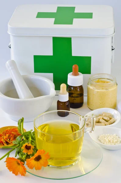 Alternative Medicine Marigold Products First Aid Box Background — Stock Photo, Image