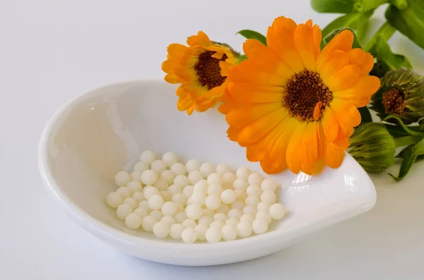 Alternativmedizin Homöopathie Ringelblumenkügelchen Auf Weißem Hintergrund — Stockfoto