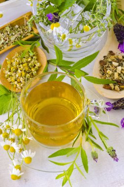 Alternatif Tıp. Bitkisel tedavi. Biberiye, nane, papatya, kekik, melissa, lavanta ve limon verbena. İnfüzyon Cam Kupası.