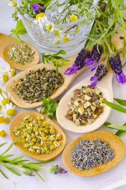 Alternatif Tıp. Bitkisel tedavi. Tahta kaşıklar şifalı otlar.