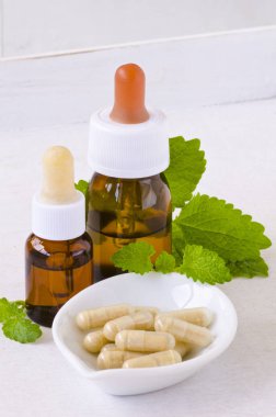 Alternatif Tıp. Bitkisel tedavi. Melissa veya melisa kapsül ve uçucu yağ. Beyaz arka plan.