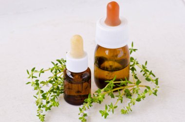 Alternatif Tıp. Bitkisel tedavi. Kekik esans. Beyaz arka plan.