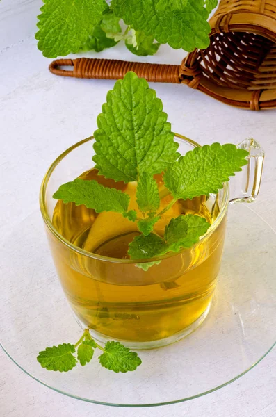 Alternativ Medicin Växtbaserade Terapi Melissa Eller Citronmeliss Infusion Glas Cup — Stockfoto