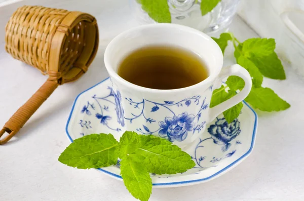 Alternative Medicine. Herbal Therapy. Mint infusion in china cup. White background.