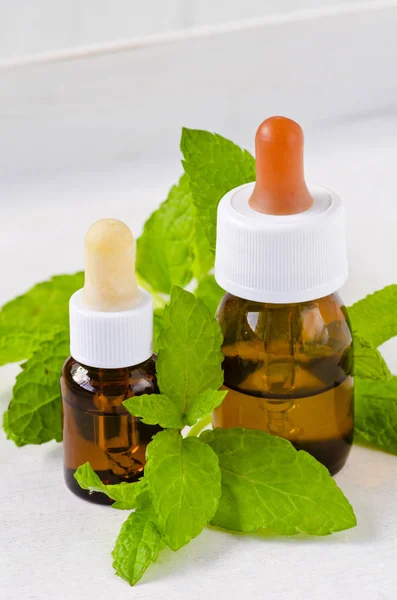 Medicina Alternativa Terapia Erboristica Olio Essenziale Menta Fondo Bianco — Foto Stock