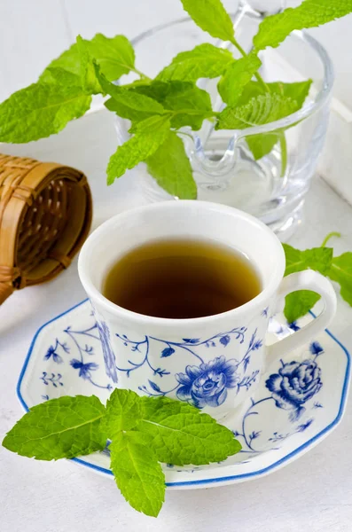 Alternatieve Geneeskunde Kruiden Therapie Mint Infusie China Beker Witte Achtergrond — Stockfoto