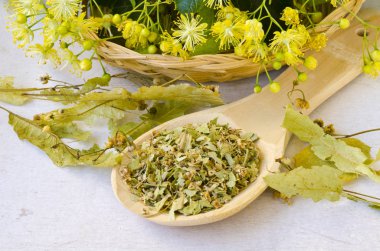 Alternatif Tıp. Bitkisel Tedavi.Kurutulmuş kireç çiçeği çiçekleri.