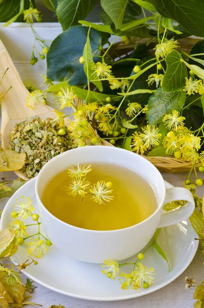 Medicina alternativa. Terapia herbal. Infusão de flores de cal . — Fotografia de Stock