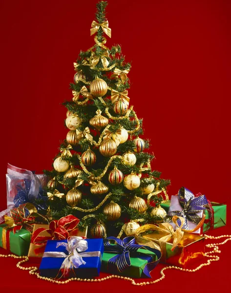 Ozdoby a dary na vánočním stromku. — Stock fotografie