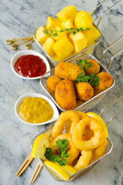 Spanish Tapas Spicy Fried Potatoes Hot Sauce Ham Croquettes Fried — Stock Photo, Image