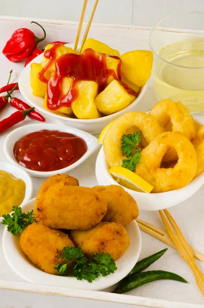 Spanish Tapas Spicy Fried Potatoes Hot Sauce Ham Croquettes Fried — Stock Photo, Image