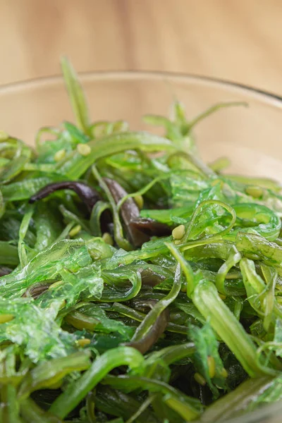 Wakame Salad Sesame Small Glass Bowl Closeup Copy Space — Stock Photo, Image