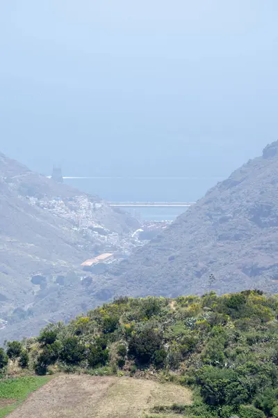 Dağın tepesinden Panarama. Dağlar, bulutlar, vadide bir köy, bir dağ yolu, dağ çiçekleri, ufukta okyanus