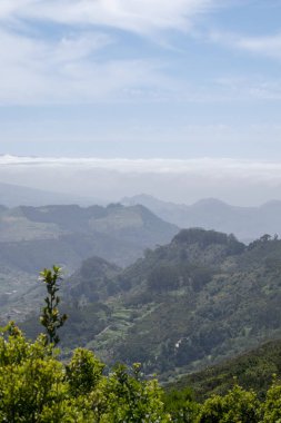 Dağın tepesinden Panarama. Dağlar, bulutlar, vadide bir köy, bir dağ yolu, dağ çiçekleri, ufukta okyanus