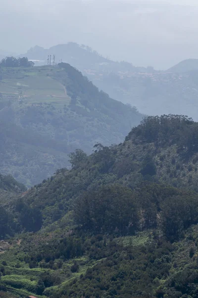 Dağın tepesinden Panarama. Dağlar, bulutlar, vadide bir köy, bir dağ yolu, dağ çiçekleri, ufukta okyanus