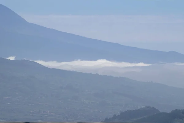 Dağın tepesinden Panarama. Dağlar, bulutlar, vadide bir köy, bir dağ yolu, dağ çiçekleri, ufukta okyanus