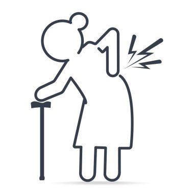 Yaşlı kadın ile sopa ve yaralanma sırt ağrısı simgesinin tıbbi işareti basit satır simge vektör çizim