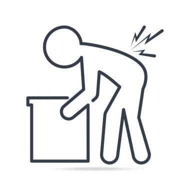 Kutu taşıyan ve sırt ağrısı simgesini yaralı bir adam. Tıbbi kavram basit çizgi stil vektör çizim