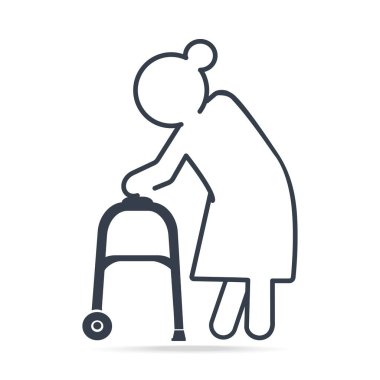 Yaşlı kadın ve walker simgesi, basit bir çizgi simge tasarlamak