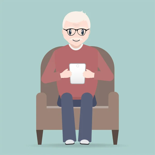Elderly Man Sitting Holding Smartphone Chair Icon — Stock Vector