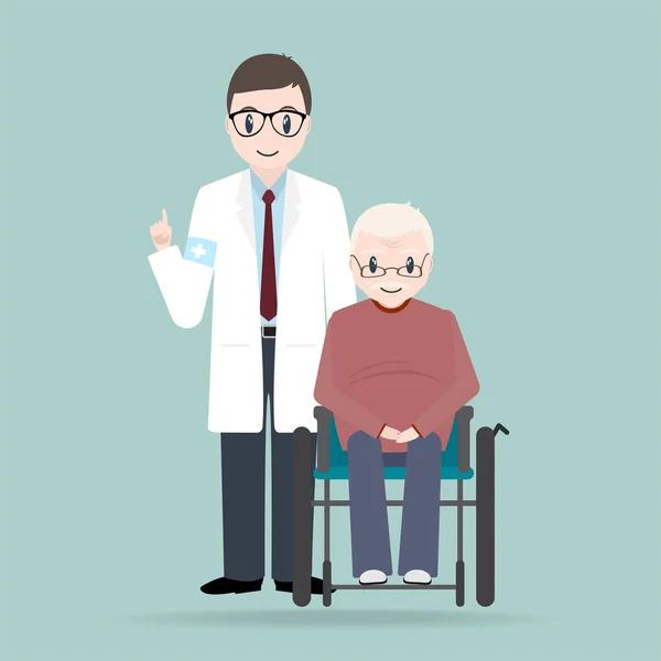 Tekerlekli Sandalye Illüstrasyon Üzerinde Oturan Yaşlı Adam Doktorla Tıbbi Bakım — Stok Vektör