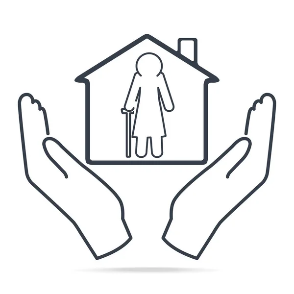 Ηλικιωμένη Γυναίκα Και Σπίτι Χέρια Εικονίδιο Απλή Γραμμή Στυλ Γηροκομείο — Διανυσματικό Αρχείο