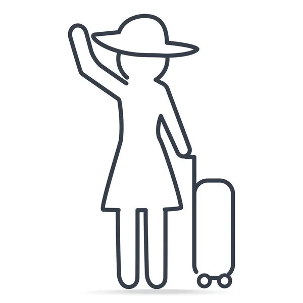 Woman Pulling Luggage Vacation Simple Line Icon Illustration — Stock Vector