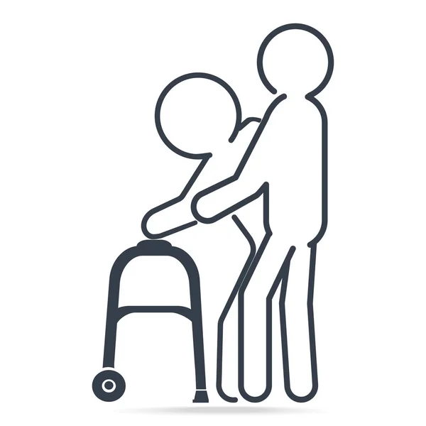 Man Helps Elderly Man Patient Walker Simple Line Icon Illustration — Stock Vector