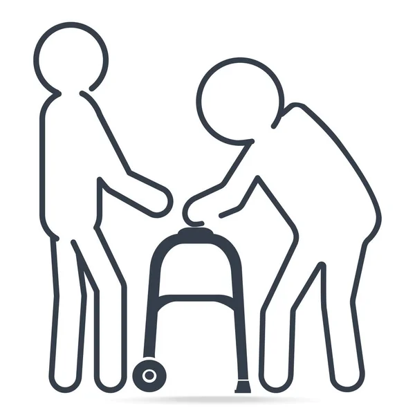 Hombre Ayuda Paciente Anciano Con Caminante Ilustración Icono Línea Simple — Archivo Imágenes Vectoriales