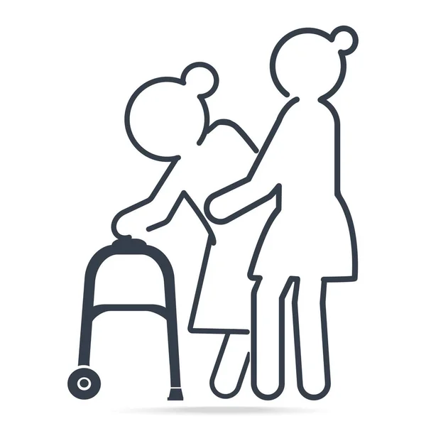 Mujer Ayuda Anciana Paciente Con Caminante Ilustración Icono Línea Simple — Vector de stock