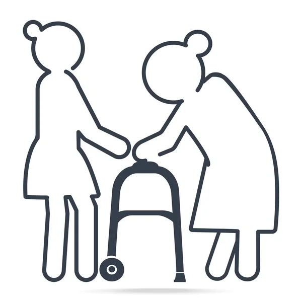 妇女帮助老年妇女患者与步行者 简单的线图标例证 — 图库矢量图片
