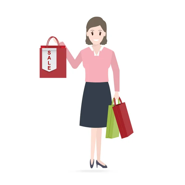 Mujer Sosteniendo Bolsa Compras Venta Etiqueta Icono — Archivo Imágenes Vectoriales