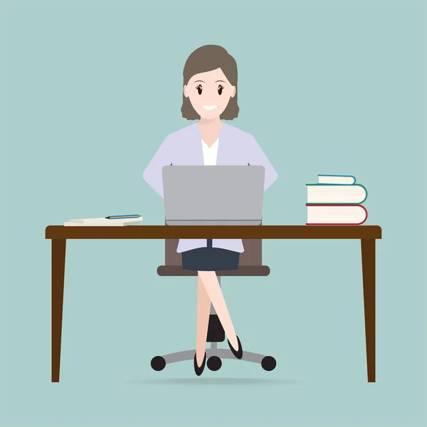 Mujer Sentada Frente Computadora Icono Mesa Trabajo — Vector de stock