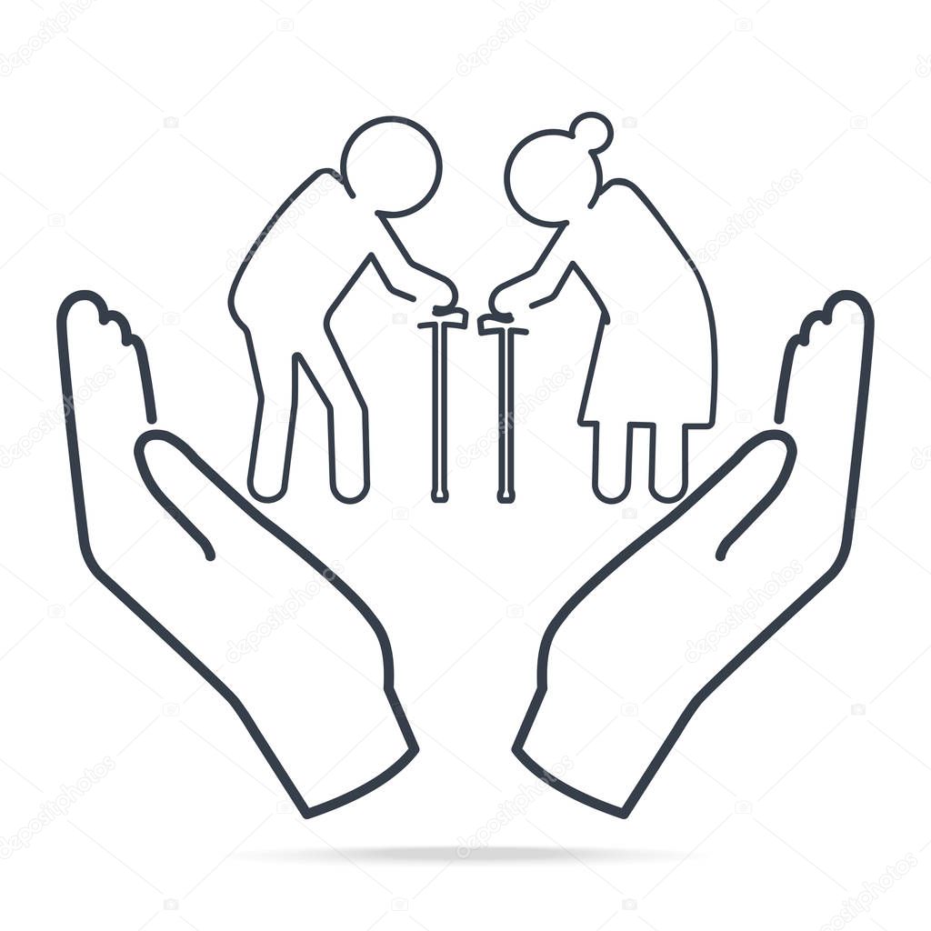 Elderly Couple in hands icon, simple line icon illustration. Protect and care people concept