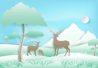 Geyiğin aile ayakta orman ve mavi gökyüzü. Sanat, kağıt zanaat illüstrasyon doğa manzara arka plan kağıt