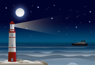 Deniz feneri ile okyanus gemisi okyanus ve gece gökyüzünde. Kağıt el sanatları resimde arka plan.