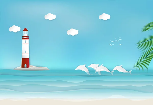灯台と海の背景紙アートでイルカ ペーパー クラフト スタイルの図 — ストックベクタ